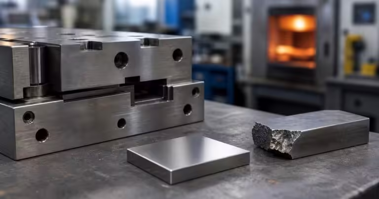 Hardened D2 tool-steel die with a polished sample and a visibly chipped edge