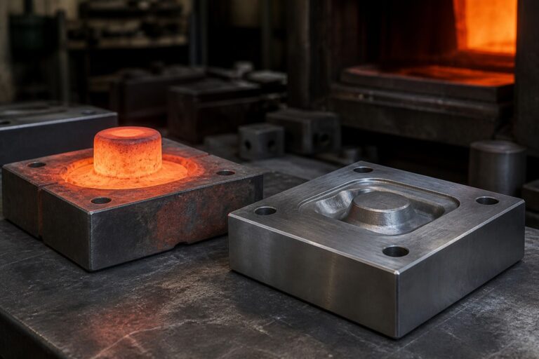 Hot and cooled H13 tool-steel dies beside a heat-treatment furnace