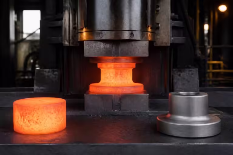 Glowing steel billet being shaped under a forging press beside its finished form