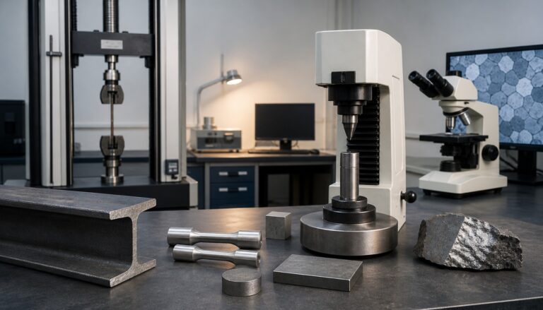 Materials-testing laboratory with hardness, tensile, and microscopy equipment and steel samples