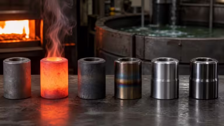 Educational steel scene illustrating A Typical Heat-Treat Process for 4340 Steel, Explained Stage by Stage