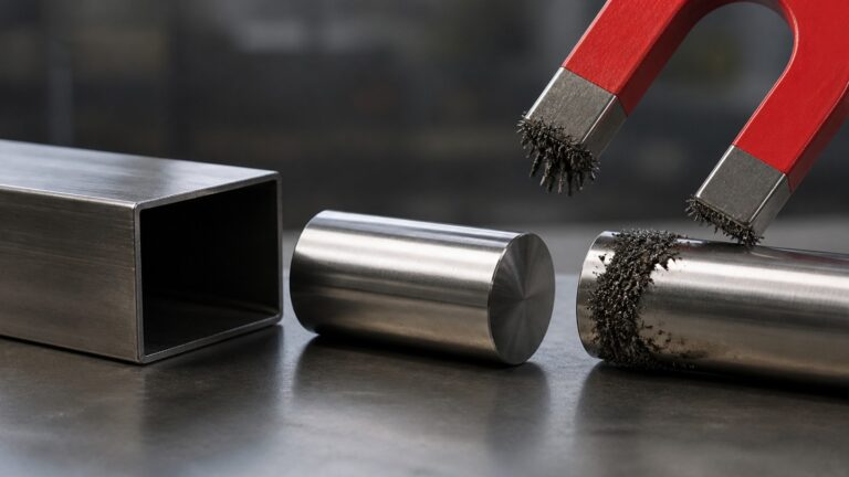 Educational steel scene illustrating Is 304 Stainless Steel Magnetic? Why a Magnet Can Give a Mixed Answer