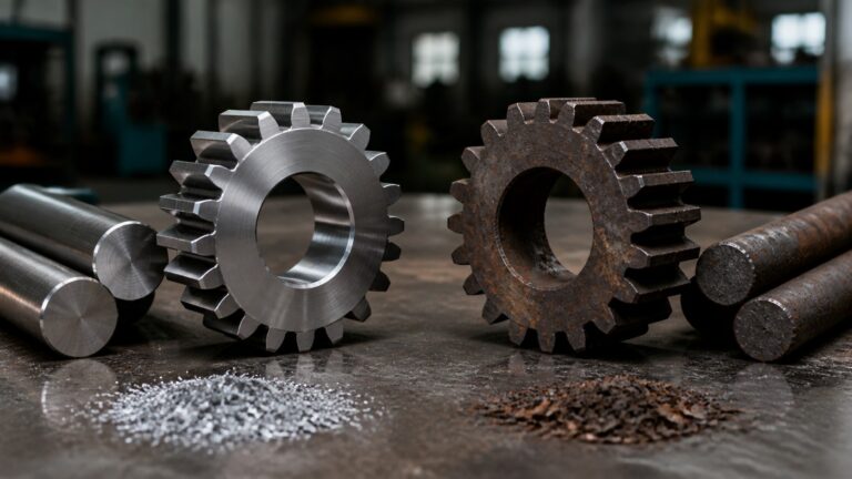 Educational steel scene illustrating Alloy Steel vs Carbon Steel: The Differences in Plain English