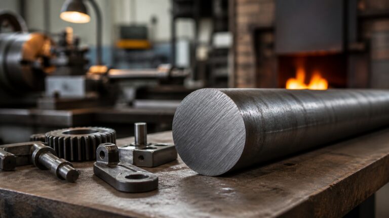 Educational steel scene illustrating 1045 Steel Properties Without the Data-Sheet Confusion
