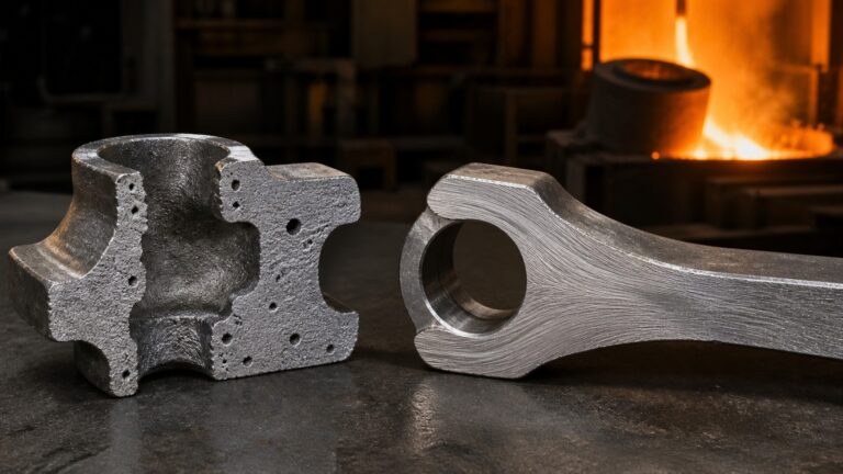 Educational steel scene illustrating Cast Steel vs Forged Steel: Shape Freedom, Grain Flow, and Defect Risk