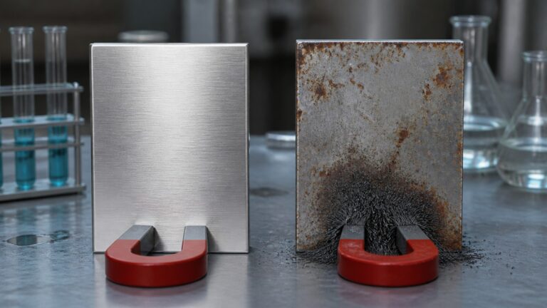 Educational steel scene illustrating 304 vs 430 Stainless Steel: Magnetism and Corrosion Explained